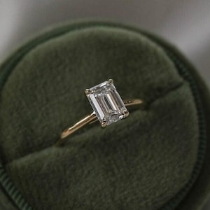 Handmade 14k Gold Emerald Cut Moissanite Engagement Ring: Art Deco Promise Ring