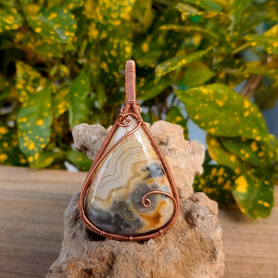 Unique Crazy Lace Agate Jewelry Handmade Pendant Copper Pendant