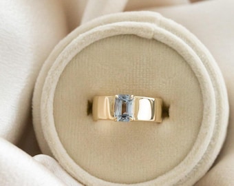 Vintage Emerald Cut Aquamarine Ring: Sterling Silver Art Deco Engagement Ring