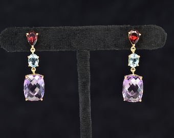 Boucles d'oreilles pendantes en argent sterling plaqué or 18 carats avec pierres précieuses
