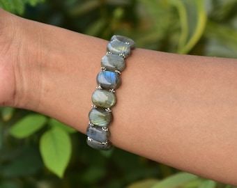 Handgefertigter Labradorit Edelstein Armband: Verstellbarer Ovalstein Schmuck