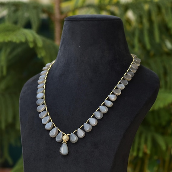Natural Gemstone Moonstone Beads Necklace, Beautiful Grey Moonstone Necklace, Gorgeous Simple Elegant Necklace, Pear Beads Gemstone Necklace