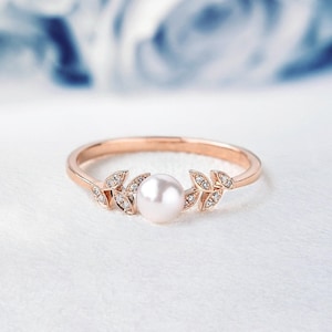 14k Round Cut Pearl Ring, Rose Gold Dainty Engagement Ring for Women, Real Pearl Solitaire Band, Cute Proposal Ring, Leaf CZ Diamond Ring