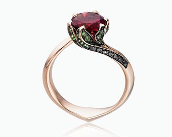 Red Ruby Engagement Ring, Emerald Cut Gemstone July Birthstone Ring, Solid Yellow Gold Moissanite Bridal Wedding Promise Ring, Cluster Ring
