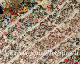 Garniture brodée multicolore pastel floral de 1,5 po par mètre ruban à coudre artisanat fabrication de bijoux bandeau noeud arc bandeau sac à main ceinture, garniture de costume