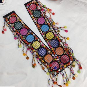 Black Multicolor beaded Embroidered Applique Sew on Neckline Patch 11&quot;x7&quot; Navratri Garments Dresses, decorative Pearl Stone Handcrafted