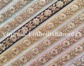 1" Pastel Beige Cream gold sequins Embroidered trim by yard Decorative Indian ribbon sewing crafting, jewelry bag making, hairband, hatband