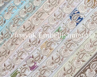 1.5&quot; Floral Beige cream sequins Embroidery Sari ribbon, Boho Trimming bag-jeans Embellishment DIY crafting sewing Junk Journal boho bag belt