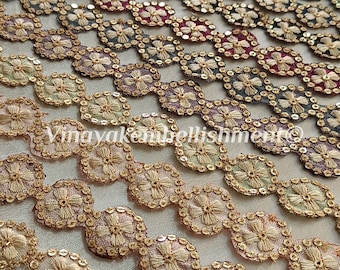 9 yard 0.75&quot; Floral gold sequins Embroidered ribbons Sari Border Indian embellishment sewing crafting, jewelry making, hairband, bag belt