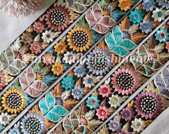 9 yards 1.5&quot; Multicolor thread Embroidered sari fabric trim, Decorative Indian Trim, boho bag purse belt, crafting sewing, headband, hatband
