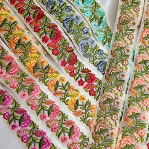 2" Floral Multi color Embroidered organza ribbon, Boho bag straps belt ,DIY crafting sewing Junk Journal, Bag-hat-jewelry making, hair band