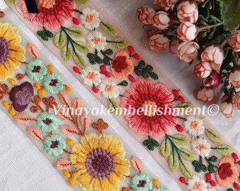 Bordures de ruban de broderie florale lumineuse multicolore de 2,25 po. par mètre, fabrication de bijoux, pasamaneria, fabrication de bandeau, noeud de serre-tête, garniture de pochette