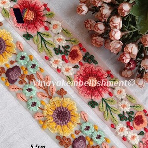 2.25" Multicolor Bright Floral Embroidery ribbon trims by yard, jewelry making, pasamaneria, hatband making, headband bow, bag-pouch trim