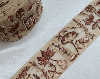 2.25" Beige Coffee Brown Embroidered Organza fabric trim by yard jewelry- fedora hat- making sewing Junk Journal, pasamaneria Indian galon