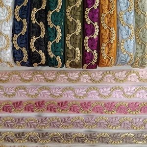 1&quot; Pastel color gold Embroidered trim by yard Decorative Sari Border ribbon Indian embellishment sewing crafting, jewelry making, hair-band