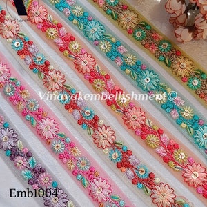 9 yards 1" Multi color Floral Embroidered Thread ribbons, Hatband Bohemian bag belt strap -handmade jewelry crafting sewing Headband bow