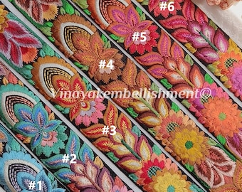 1.5" Multicolor thread Embroidered sari fabric trim, Decorative Indian Trim, bag belt-jeans Embellishment, crafting sewing, kimono dress