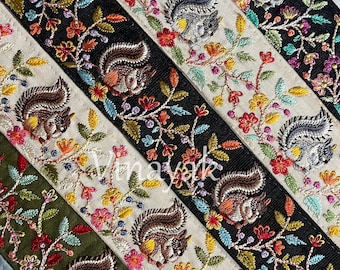 5 cm Floral-Squirrel pattern Multicolor Embroidered Fabric trim, Hand bag purse strap, DIY crafting sewing dress, lehenga costume