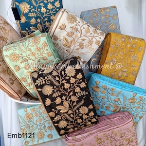Garniture en tissu sari brodé floral beige marron de 5 po., artisanat couture pochette de sac à main, ceinture, robe, ceinture, rideau, rénovation, maison, garniture, robe de mariée