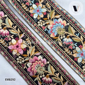 3" Floral Multi color Embroidered Sari fabric border ribbon Indian galon guitar belt crafting sewing Junk Journal, pasamaneria, renda