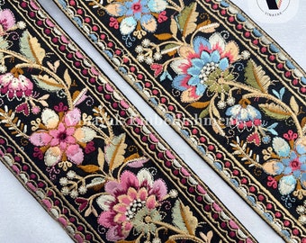 3" Floral Multi color Embroidered Sari fabric border ribbon Indian galon guitar belt crafting sewing Junk Journal, pasamaneria, renda