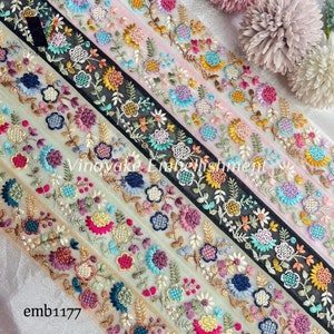 9 yards 4.5cm Floral Multi color Embroidered sari fabric tulle ribbon, Boho handbag  belt DIY crafting sewing, bride designer lehenga trim