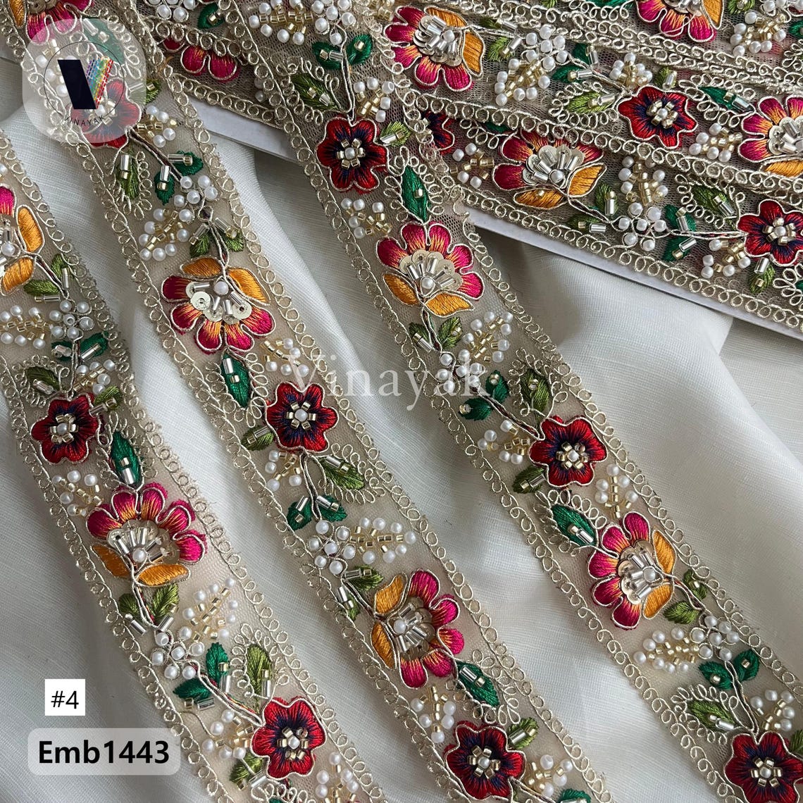 Multicolor 3 Cm Wide Golden Thread Beaded Pearl Moti Handwork Embroider ...