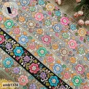 4 cm Floral Multi color sequins Embroidered tulle ribbon, DIY crafting Dress sewing, hat-jewelry making, Bag Purse replacement straps tape