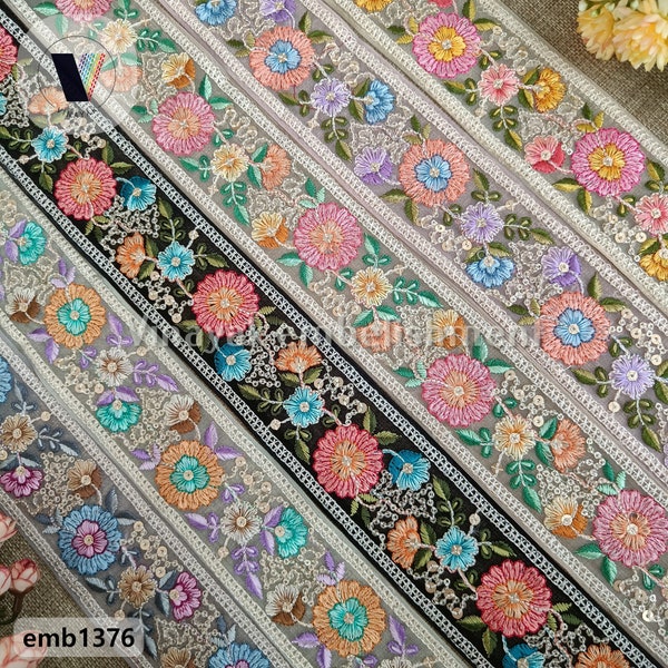 5.5 cm Multicolor Bright Floral Embroidery tulle ribbon, jewelry making, guitar belt, hatband, headband bow, bag purse strap trim, sari lace