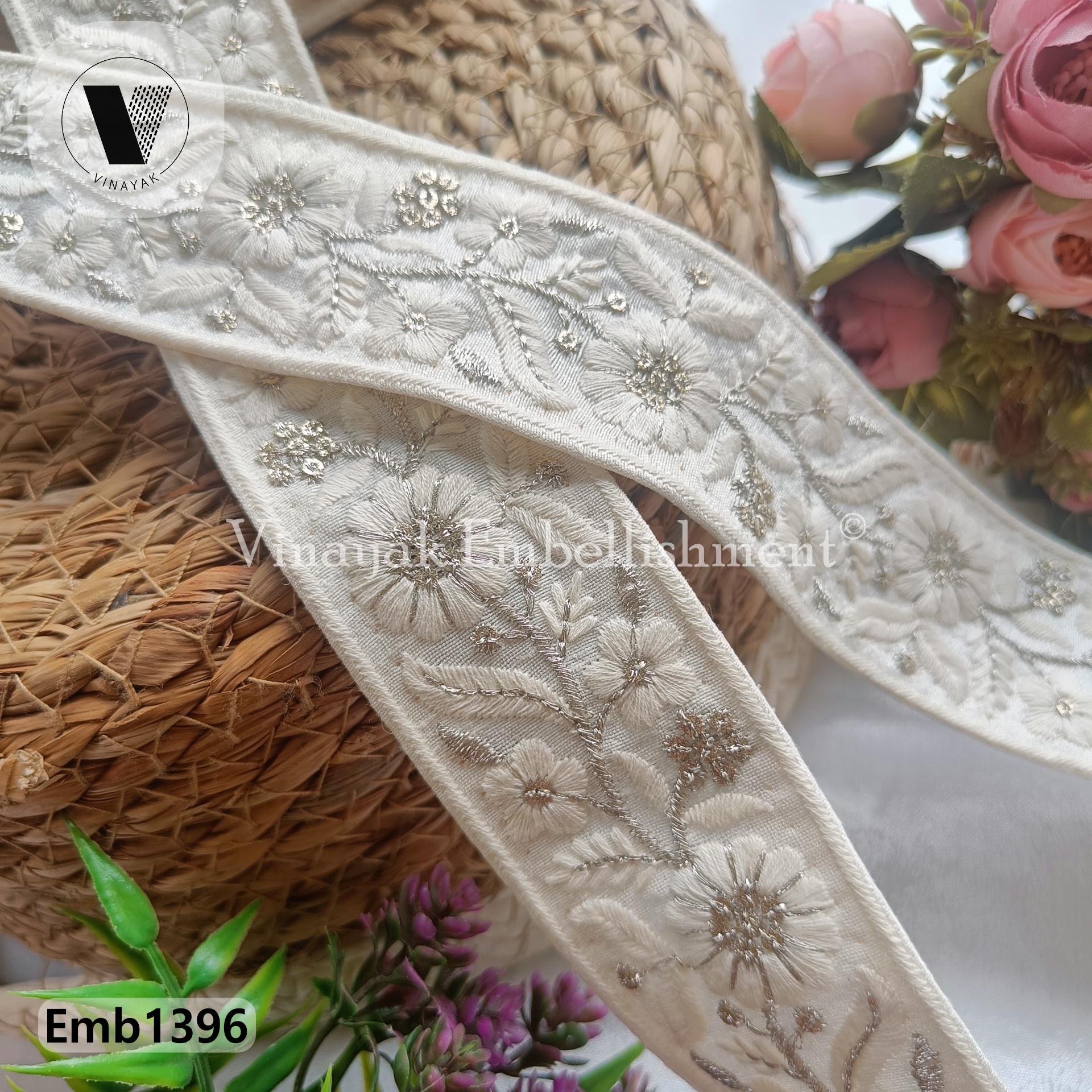 4.5 Cm White Black Floral Cotton Thread Embroidery Indian
