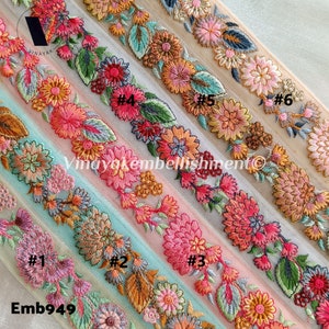 1.5" Floral Multi color Embroidered Indian Net Mesh ribbon, Boho bag strap belt DIY crafting sewing ,hatband, jewelry making, hairband-bow