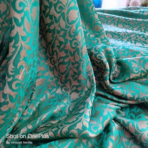 48" Peacock green Jute Brocade fabric by yard, Indian floral Art silk banarasi Brocade, Sewing craft decor, pillow cover, floral pattern