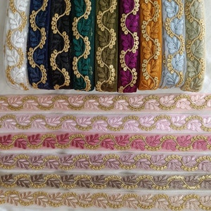 9 yards 1&quot; Pastel color gold Embroidered trim, Decorative Sari Border ribbon Indian embellishment sewing crafting, jewelry making, hair-band