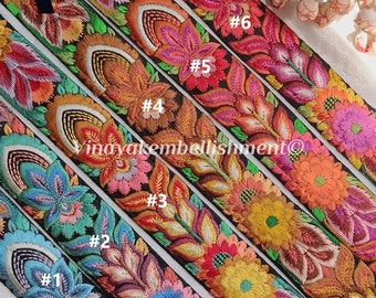 9 yard 1.5&quot; Black Multicolor Embroidered sari fabric trims by yard fedora hatband-crafting sewing Junk Journal, headband, guitar sash belt