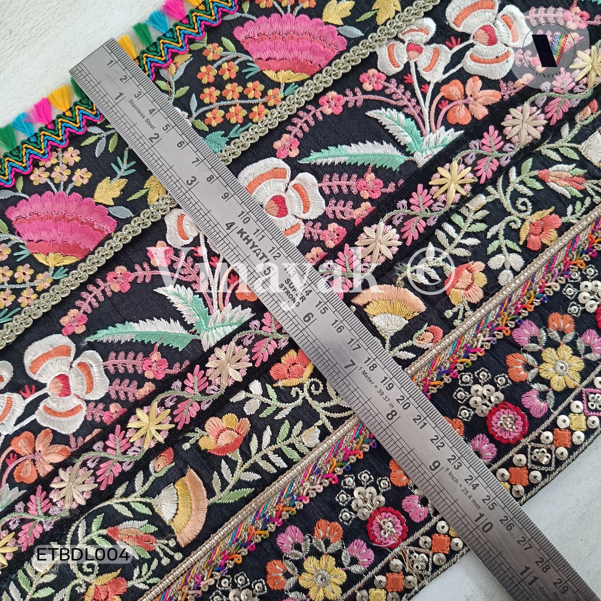 8 Pc by Yard Floral Mutli-color Black Embroidery Trims 8 Pc by Yard Floral Mutli-color Black Embroidery Trims