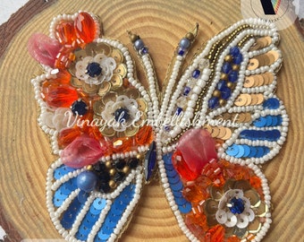 Multicolor Butterfly pearl beaded Applique, Hand Embroidered patches, Denim embellishment, Decorative Sew on applique, Boho Embellishment