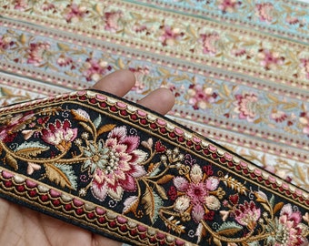 2.75" Floral Multi color Embroidered Sari fabric border ribbon Indian galon guitar belt crafting sewing Junk Journal, pasamaneria, renda