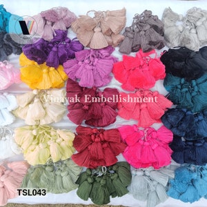 May include: Assortment of colourful tassel trims in various colours, including black, white, red, pink, green, blue, yellow, and purple. The tassels are arranged in rows on a white surface. The text "TSL043" is visible in the bottom left corner of the image.