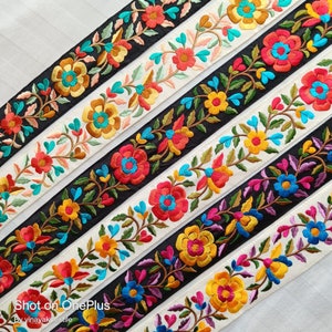 2" Indian ethnic floral Embroidery Trims sari fabric ribbon, Decorative Trim Sewing Crafting, lace border junk journals, women dress trim