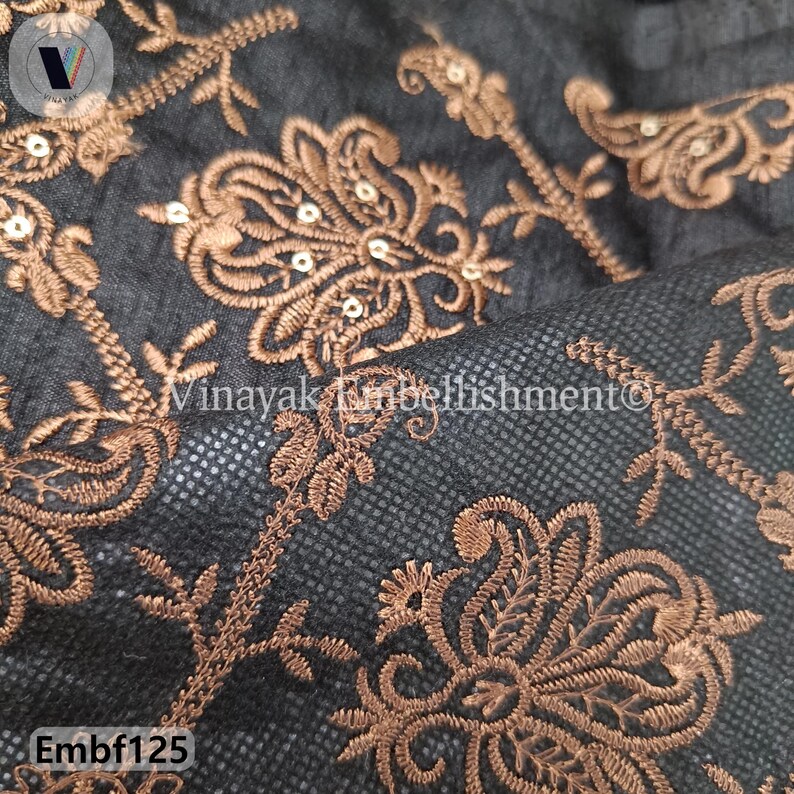 44 Ivory Black Brown Floral Embroider Luxurious Thick Fabric, Lehenga