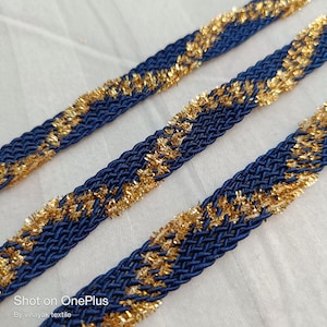 Braided 3 yard 12 mm Blue Gold metallic thread edging trims, sari scarf ribbon tapes, sewing trims, Junk Journal, lehenga dupatta border