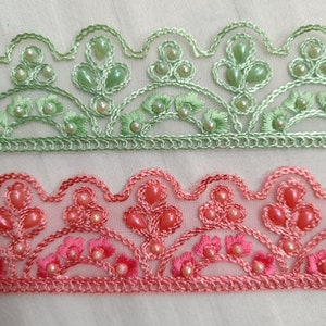 1.75" Pearl Beaded Pink green floral Embroidery Trim ribbon, Decorative Trim Sewing Crafting, junk journals, lehenga dupatta trim hat making