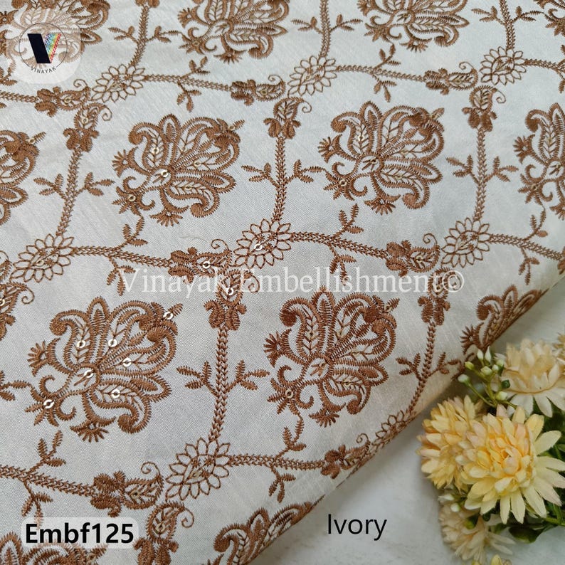 44 Ivory Black Brown Floral Embroider Luxurious Thick Fabric, Lehenga