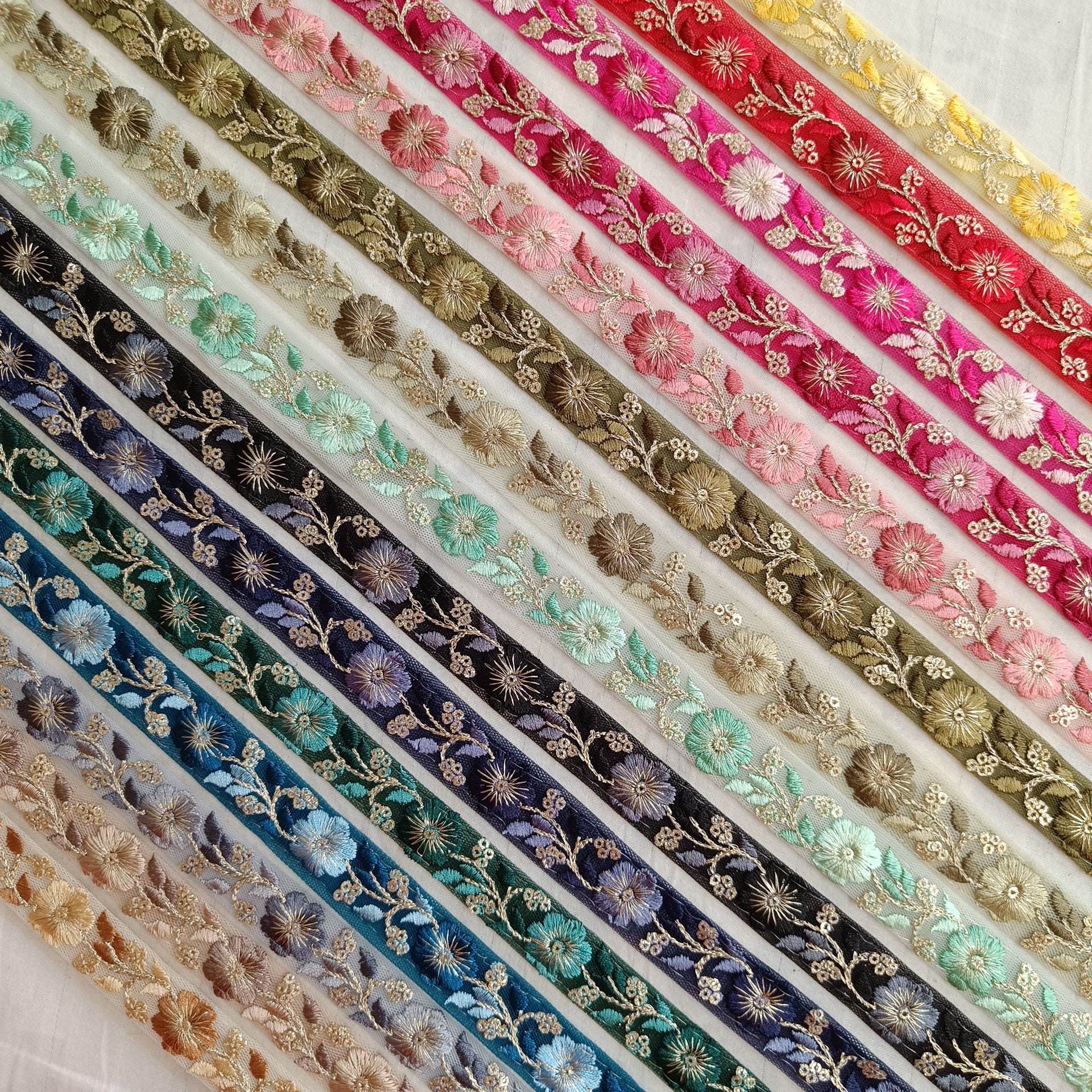 2 cm floral Pastel gold Embroidered trim by yard Decorative Sari ribbon Indian embellishment sewing crafting, jewelry making, hair band trim
