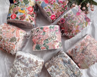 4" Floral Multi color Embroider tulle ribbons, Boho bag strap pouch belt DIY crafting sewing ,hatband, jewelry making, hairband-bow ribbon