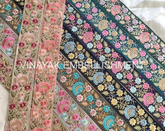 2.5" Floral Multi color Embroidered sari fabric ribbon, Boho bag strap belt DIY crafting sewing, Bag-hat-jewelry making, hair band-bow