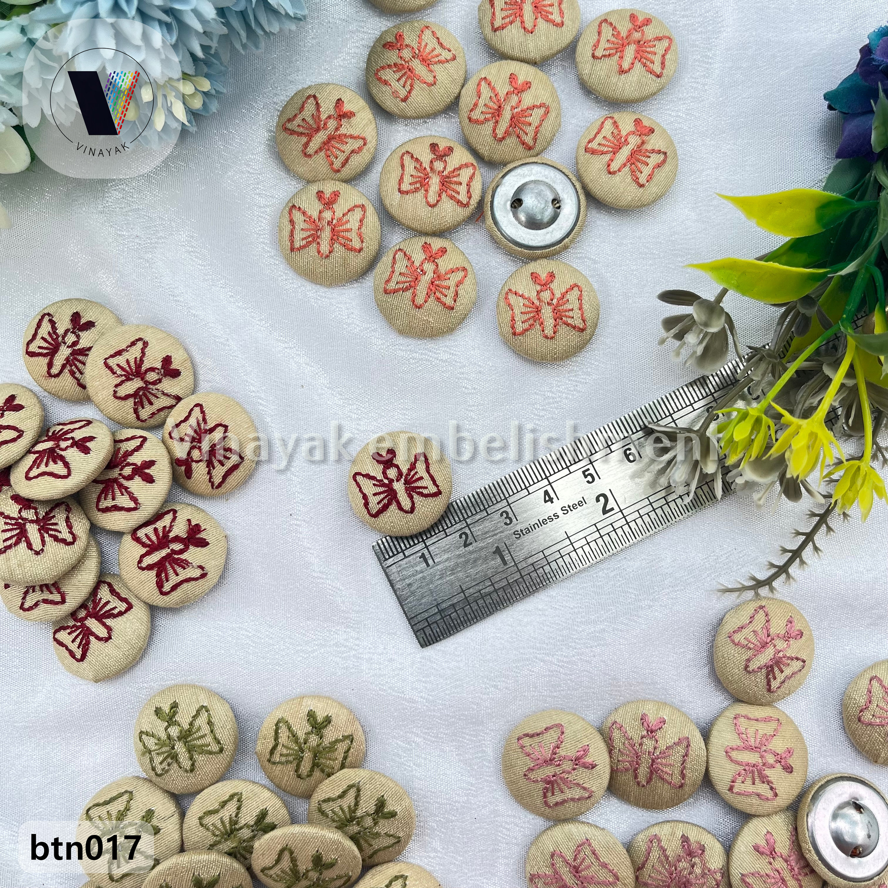 6 Pc 2 Cm Butterfly Thread Embroider on Beige Fabric Button Sew-on ...