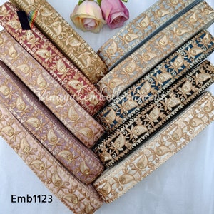1.5" Floral Beige Cream Embroidered Sari fabric ribbon, Tote Bag  belt, footwear hatband, hair bow, headband, dupatta trim, fancy waist belt