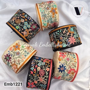 8.5 cm Floral Black Beige multicolor Embroider Sari fabric ribbon, Tote Bag Strap, lehenga sash dress trim, fancy waist belt camera strap