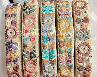 4 cm Beige Floral Multi color Embroidered Sari fabric border ribbon Indian galon guitar belt crafting sewing Junk Journal pasamaneria, renda